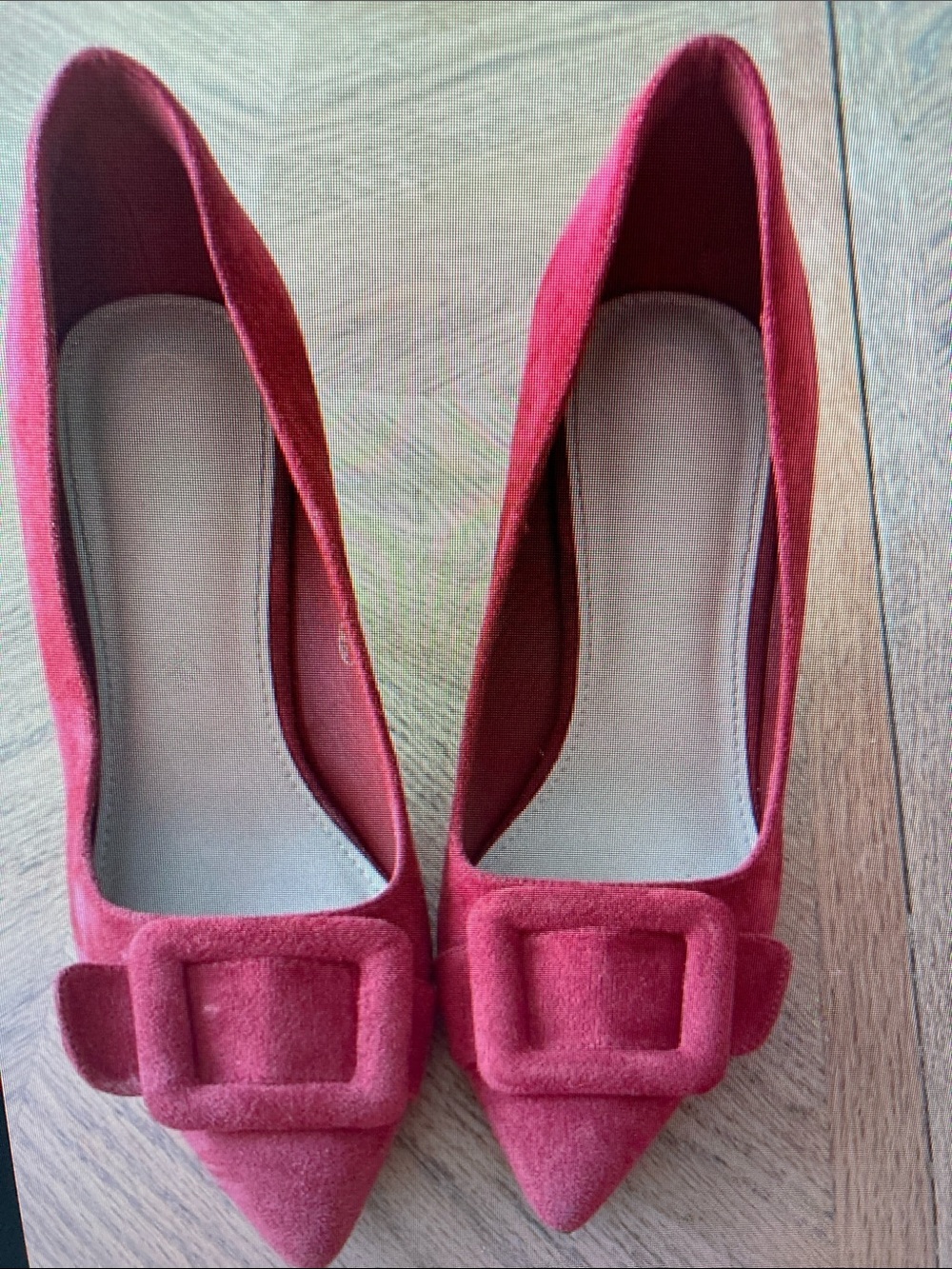 Women’s Red Suede Pointed Toe Heels with Decorative Buckle